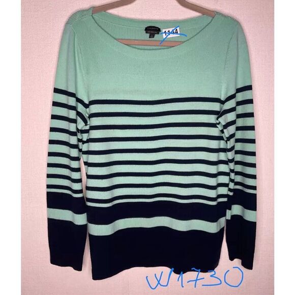 Talbots Green Navy Sweater Womens Large Striped Boat Neck Merino Wool Pullover - Picture 8 of 8